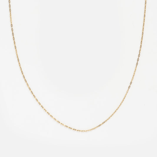 The Solid Gold Delicate Paperclip Chain features small, evenly spaced links in solid gold. Perfect for a subtle statement or layering, the necklace is displayed against a plain white background.