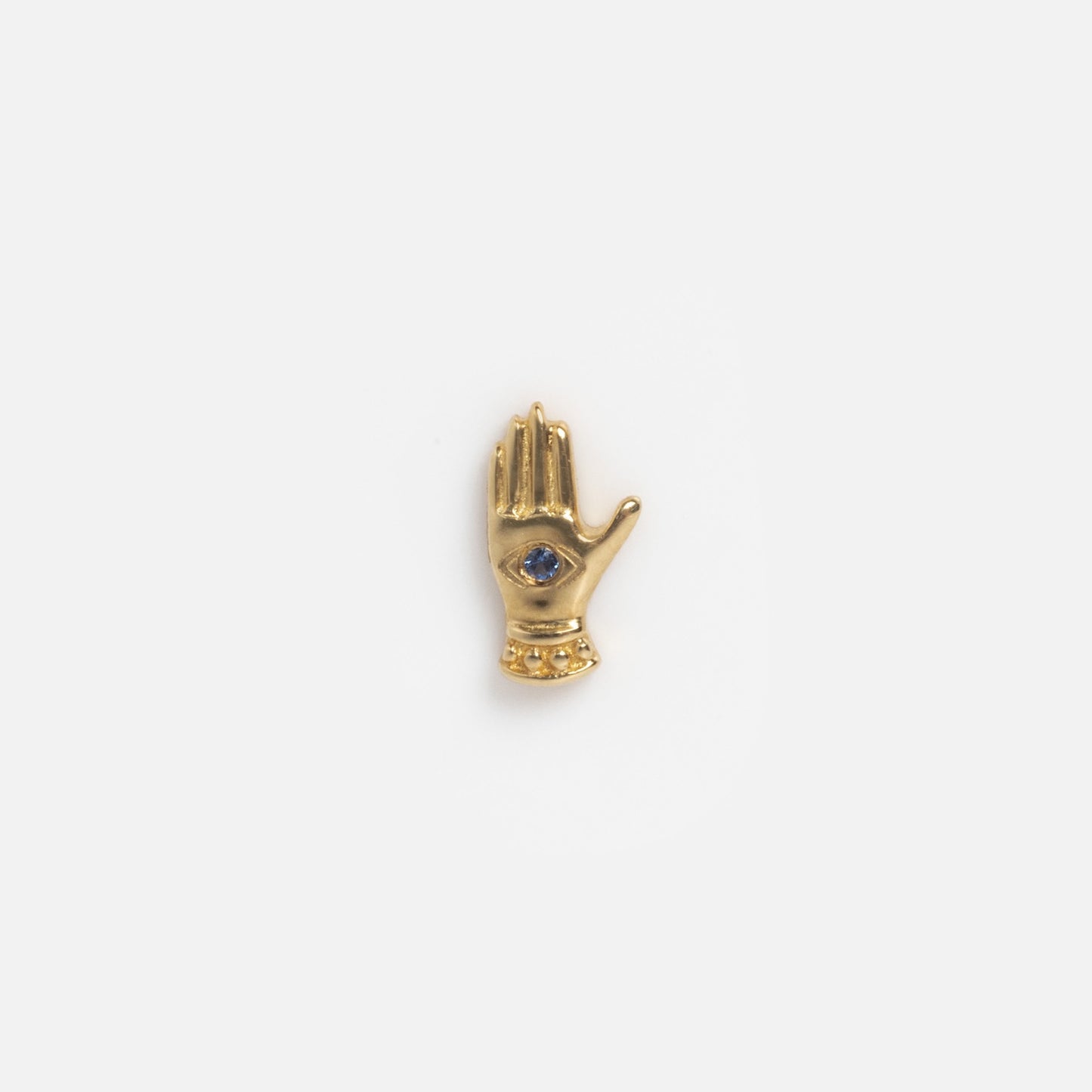 A Solid Gold Tiny Lucky Charm for Glass Charm Locket shaped like an upright hand with an eye in the palm and a decorated cuff, set against a white background—ideal for fans of unique good luck charms.