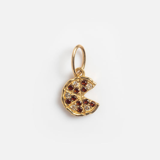 The Solid Gold Foodie Charm is a small 9k yellow gold pizza slice with red and clear gem toppings, attached to a gold loop—ideal for adding to your solid gold charms or fruit charm necklace collection.