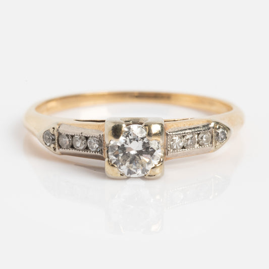The Vintage 14k Diamond Ring features a central round diamond with three smaller diamonds on each side in bezel settings, set on a plain band (Size 6.75) and displayed against a white background.