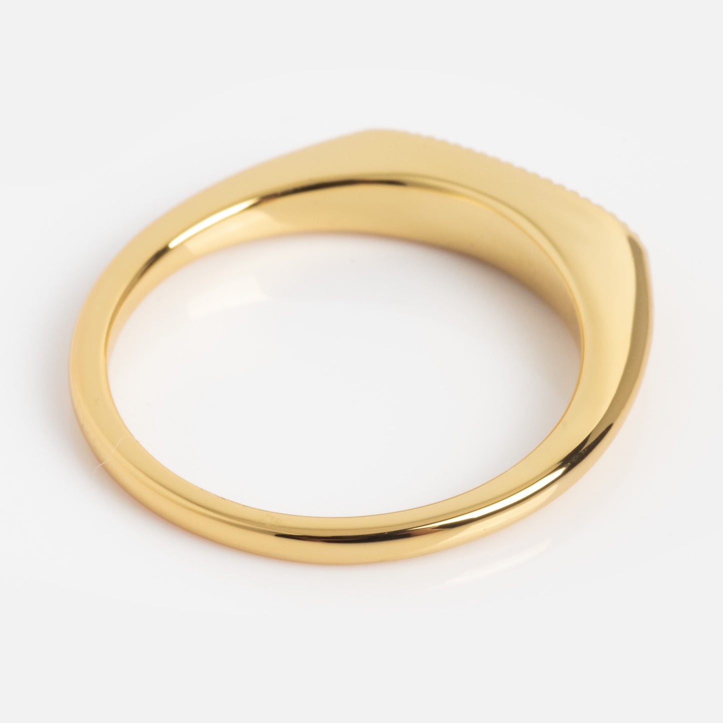 The Tiny Bitch Ring is a minimalist gold ring featuring a sleek, modern design with a flat, angled top, shown on a plain white background.
