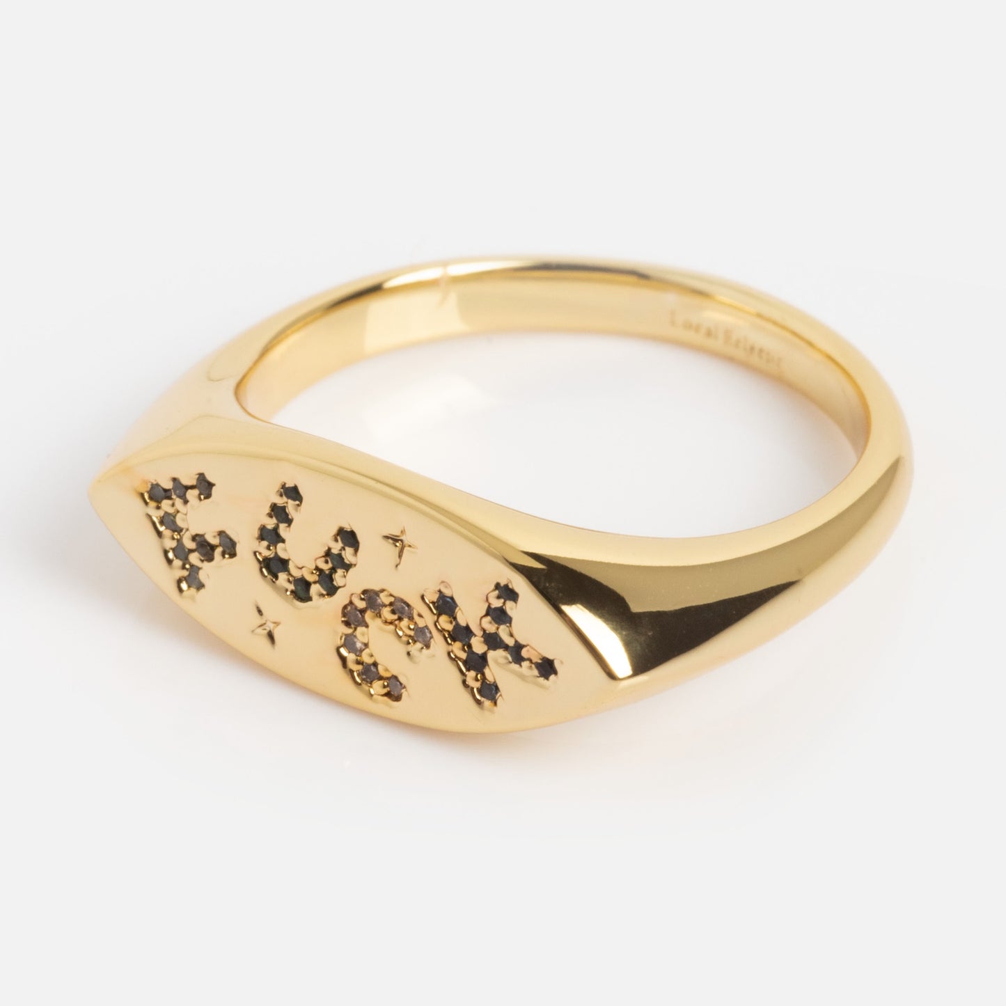 The Colorful Language Fuck Signet Ring features the word "fuck" in dark gemstones on a gold band, showcased on a simple white background.