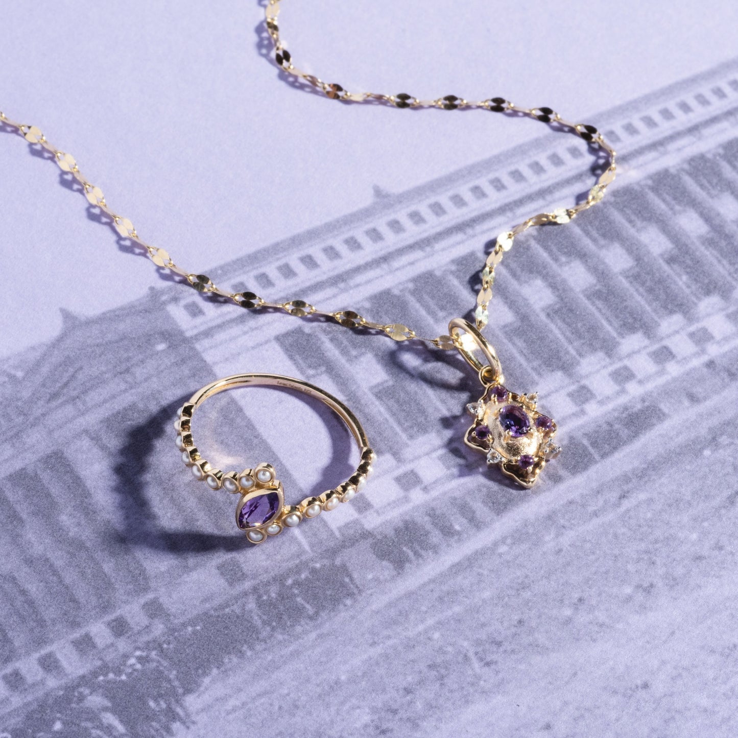 The Solid Gold 2026 February Capsule Vintage Inspired Amethyst Charm is showcased atop a black-and-white photo of a classical building, paired with a matching gold ring featuring a small amethyst stone.
