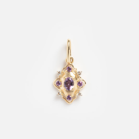 The Solid Gold 2026 February Capsule Vintage Inspired Amethyst Charm features an oval amethyst center with smaller purple stones and clear gems at the corners, all set against a plain white background.