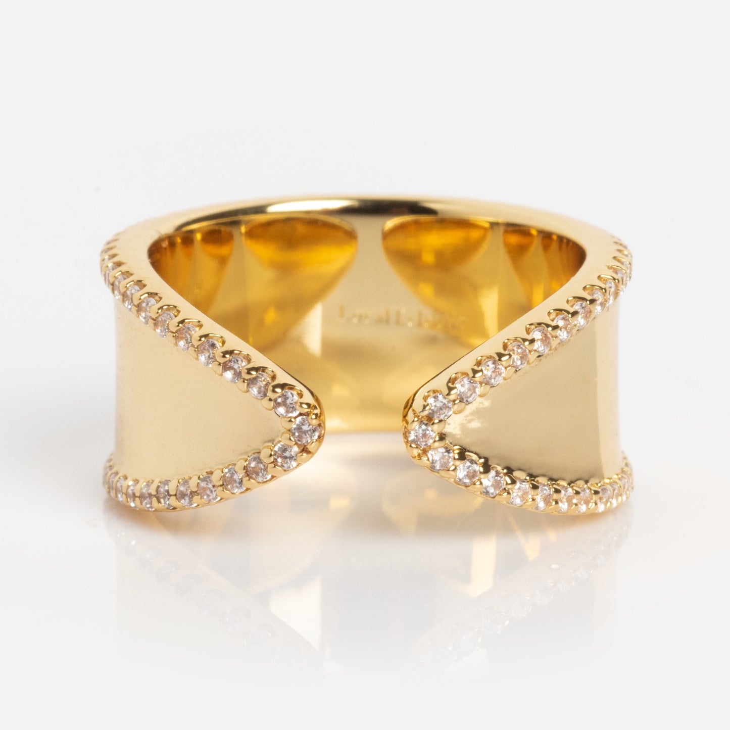 The Open Front Cigar Pinky Ring is a wide gold ring with an open front and wavy, diamond-edged borders, shown on a plain white background.
