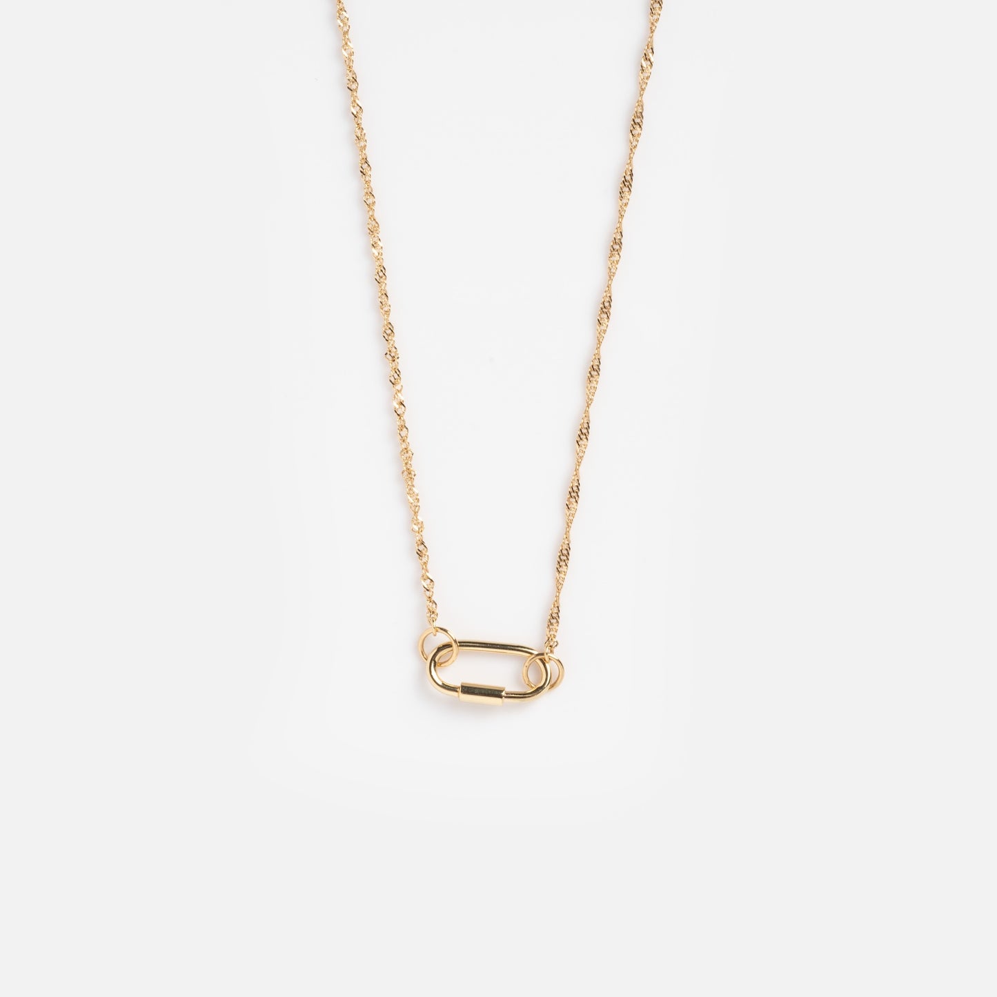 The Solid Gold Perfect Start Charm Holder Necklace showcases a delicate 9k solid gold chain with a small oval carabiner-style clasp pendant, ideal for effortless charm stacking. Photographed on a plain white background.