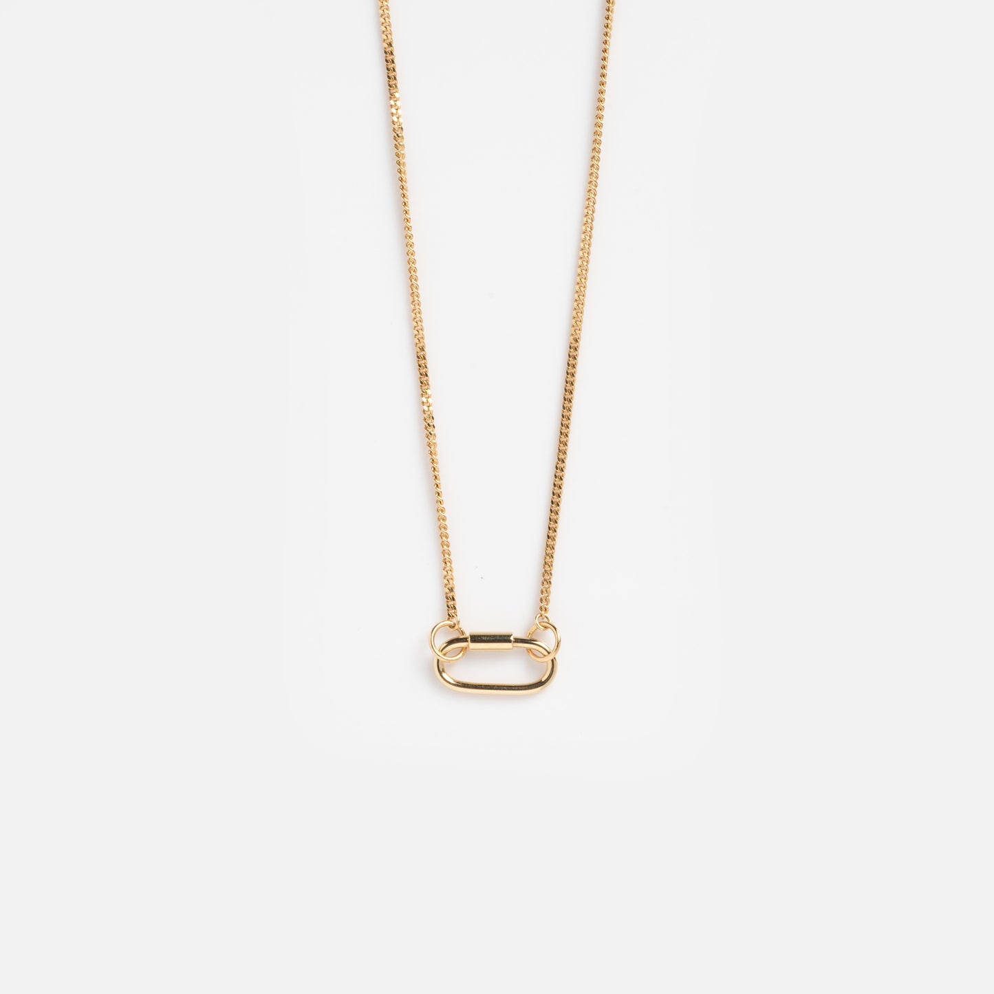 The Solid Gold Perfect Start Charm Holder Necklace features a delicate 9k gold chain with a small oval pendant, ideal for stacking charms, shown on a simple white background.