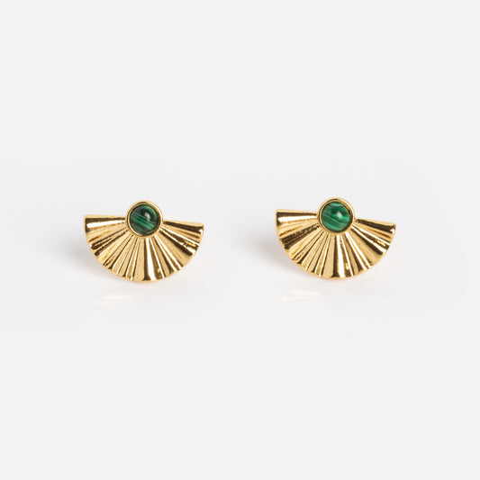 The Art Deco Fan Studs are gold fan-shaped earrings featuring a green circular gemstone at the top center, shown on a plain white background.