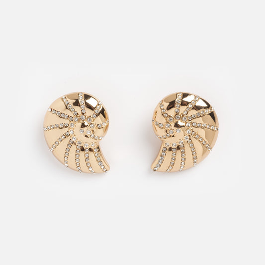 Crystal Studded Nautilus Shell Earrings: gold earrings shaped like nautilus shells, featuring small, sparkling rhinestones in spiral patterns on a white background.