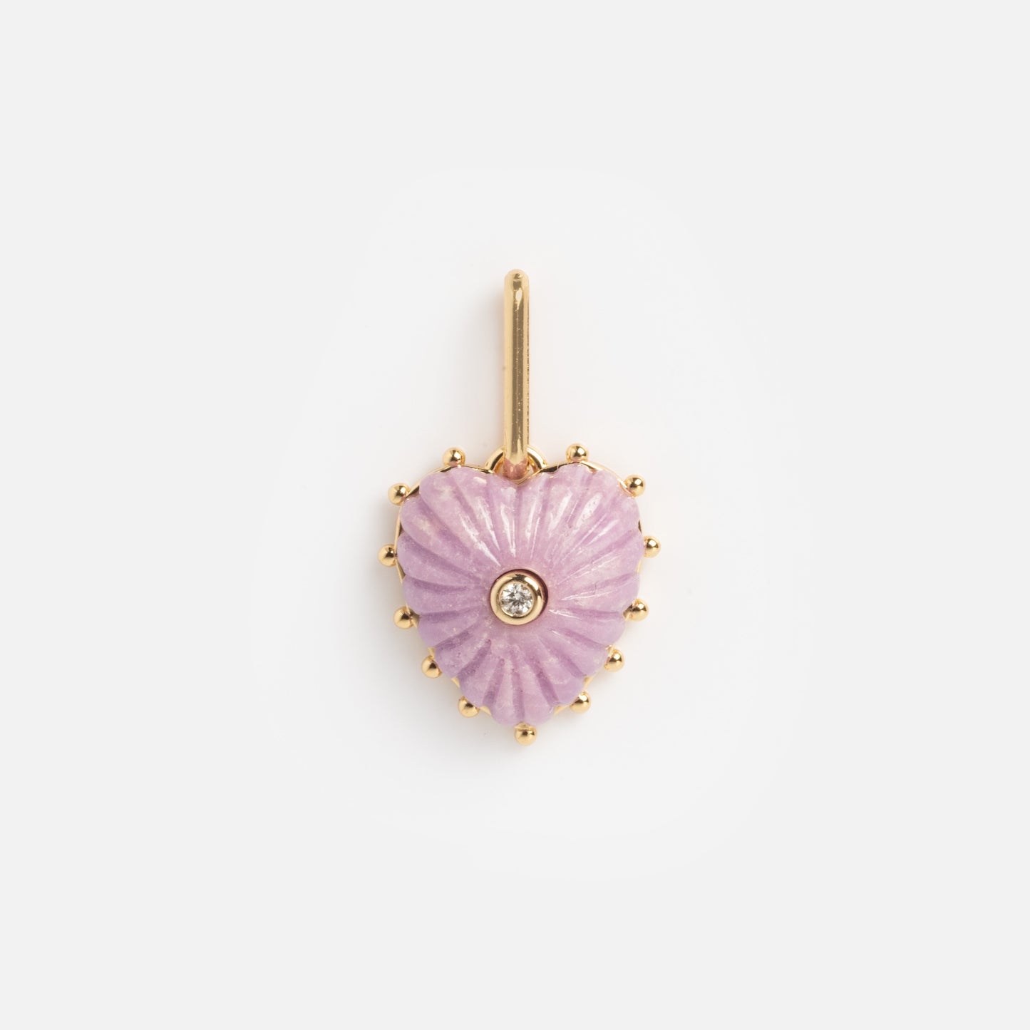 The Charms by Thatch gold pendant features a textured lavender heart, a central round diamond, and gold beaded accents—a striking necklace charm ideal for any personalized jewelry collection.