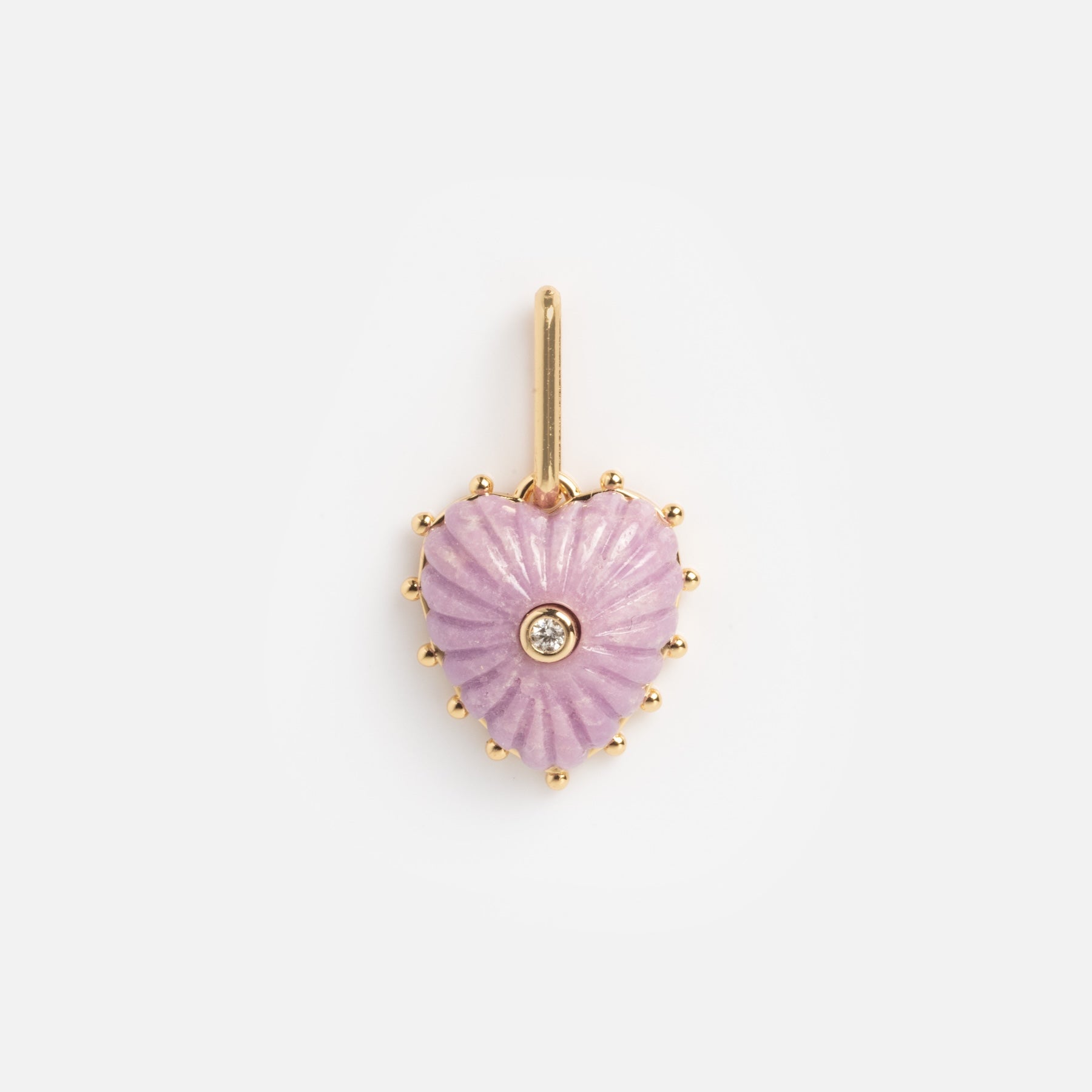 The Charms by Thatch gold pendant features a textured lavender heart, a central round diamond, and gold beaded accents—a striking necklace charm ideal for any personalized jewelry collection.