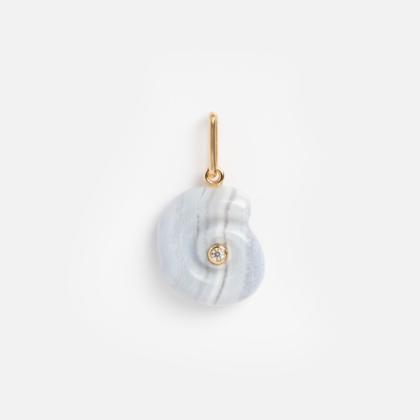 Charms by Thatch: A 14k gold-plated pendant with a smooth oval stone in light blue and white stripes, accented with a central round diamond—a bold and elegant necklace charm.