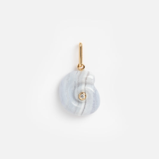 Charms by Thatch: A 14k gold-plated pendant with a smooth oval stone in light blue and white stripes, accented with a central round diamond—a bold and elegant necklace charm.