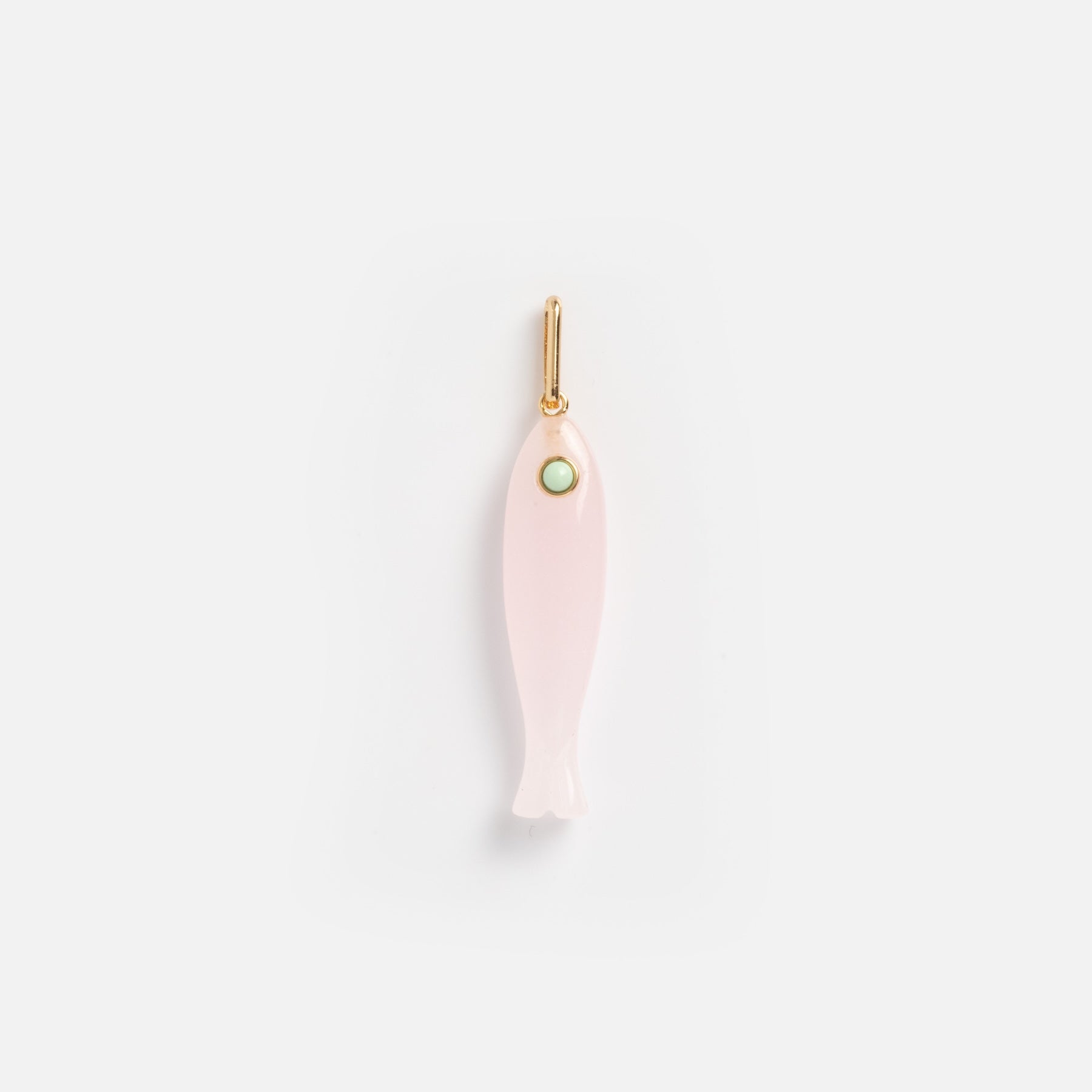 Charms by Thatch: A small pink fish-shaped charm with a gold loop and green eye, perfect for bold necklaces or personalized jewelry, shown on a plain white background.