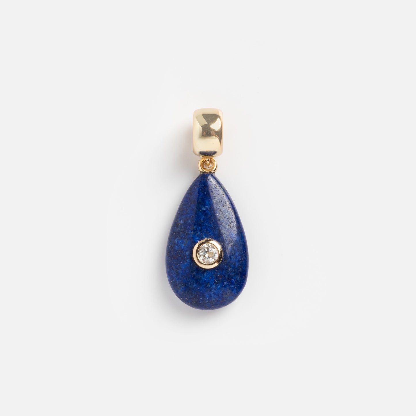 The Charms by Thatch pendant is a gold necklace charm with a teardrop-shaped blue stone and a central round diamond, perfect for adding personalized style. Shown on a plain white background.
