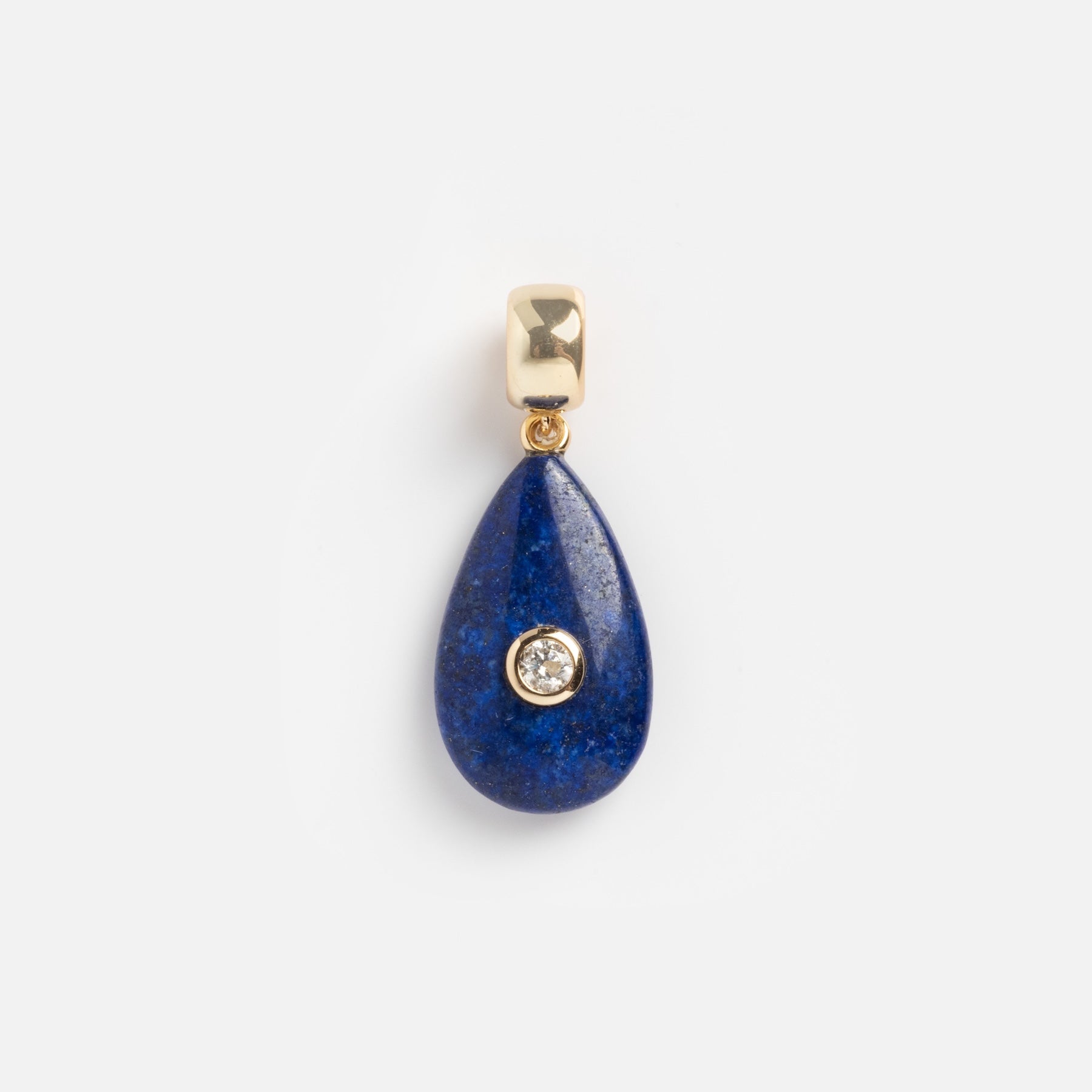 The Charms by Thatch pendant is a gold necklace charm with a teardrop-shaped blue stone and a central round diamond, perfect for adding personalized style. Shown on a plain white background.