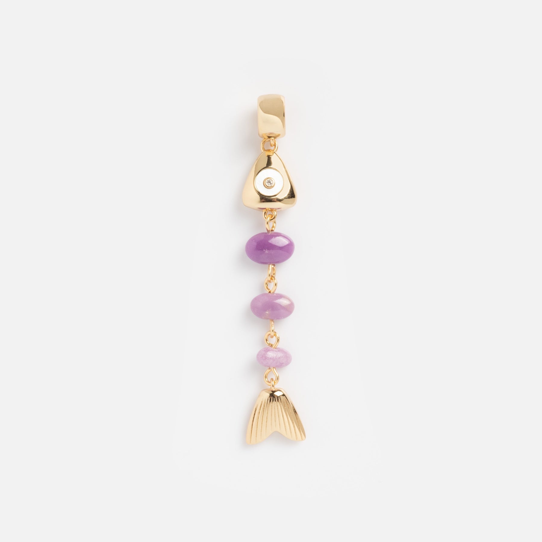 The Charms by Thatch earring features a small clear gem, three purple beads, and a 14k gold plated mermaid tail charm—all set against a white background for a stunning personalized jewelry look.