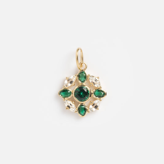 The Solid Gold 2026 May Capsule Vintage Inspired Emerald Charm features a solid gold emerald centerpiece with marquise and teardrop stones in a floral design—ideal as a May birthstone charm.