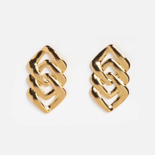 The Emily Earrings feature a chic interlocking geometric chain-link design with a gold-tone finish, perfect for making a statement on any occasion. Set against a white background for extra elegance.