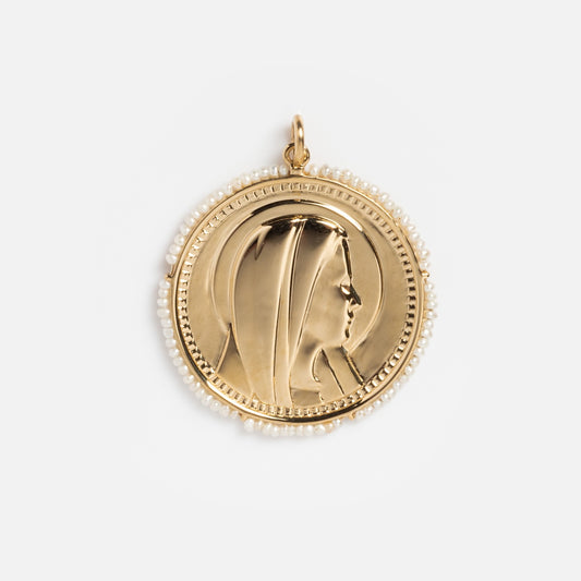 14k Vintage Revival Mother Mary Pearl Charm