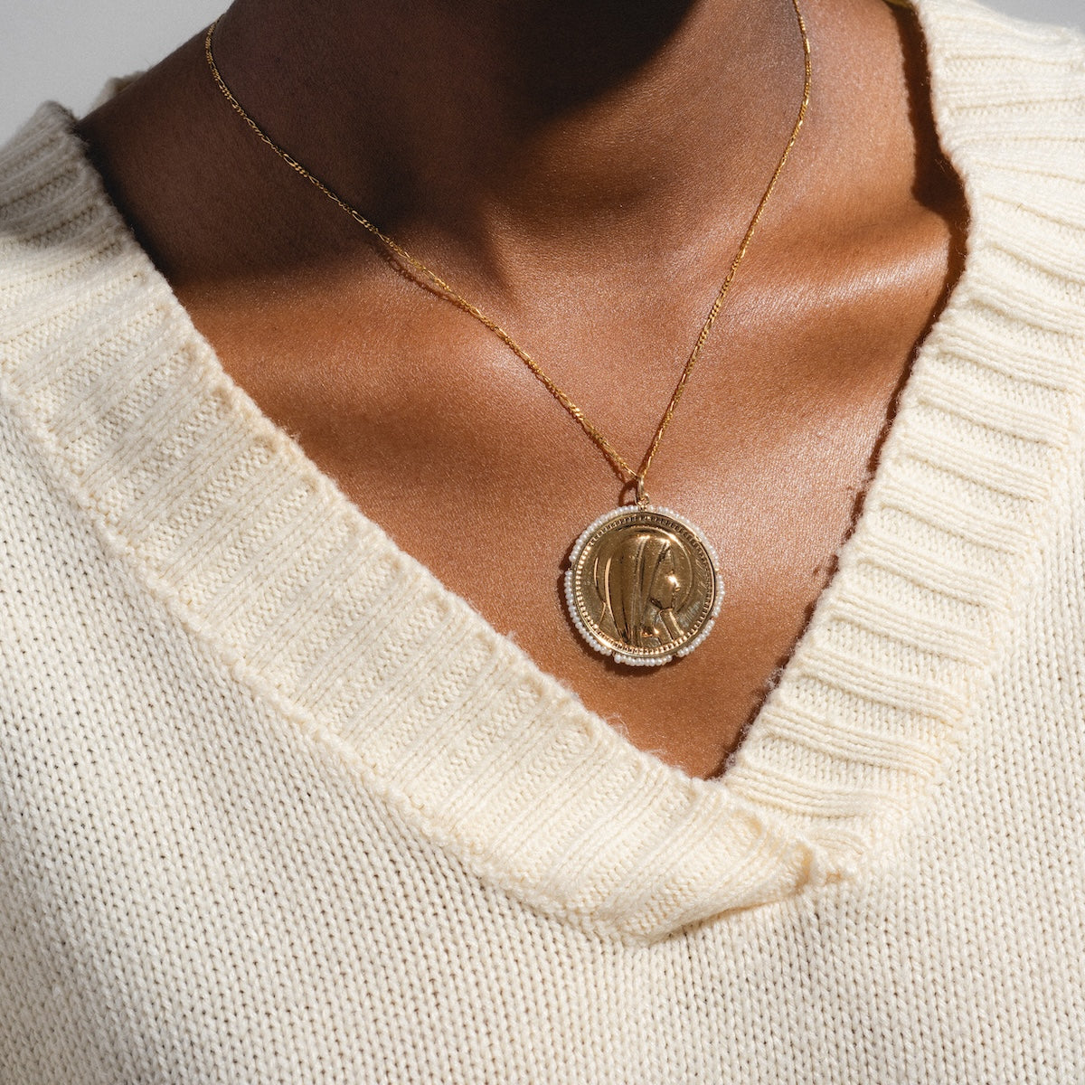 14k Vintage Revival Mother Mary Pearl Charm