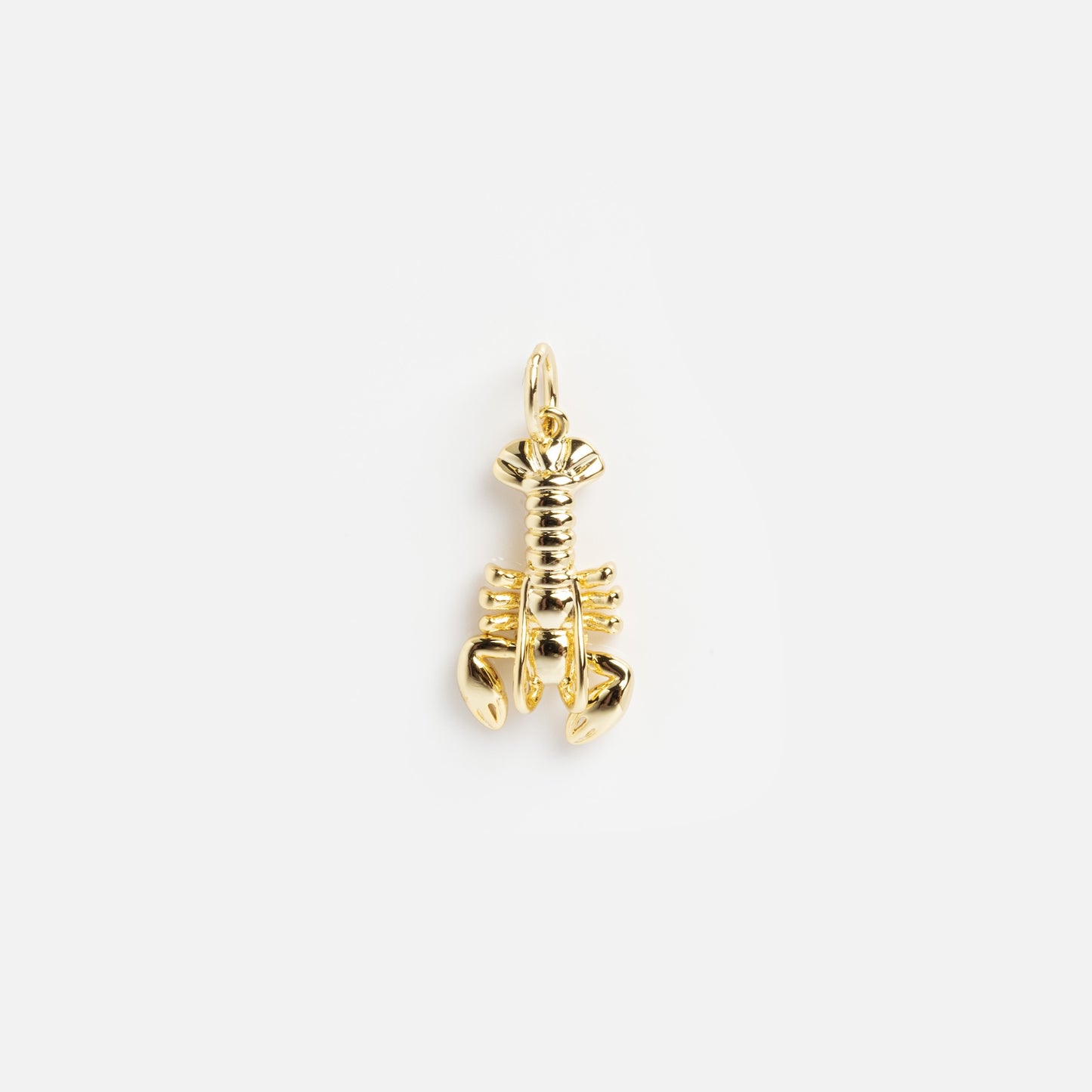 A small, shiny gold-plated lobster from Charms by Mod + Jo, photographed on a plain white background—a unique good luck charm with modern flair.