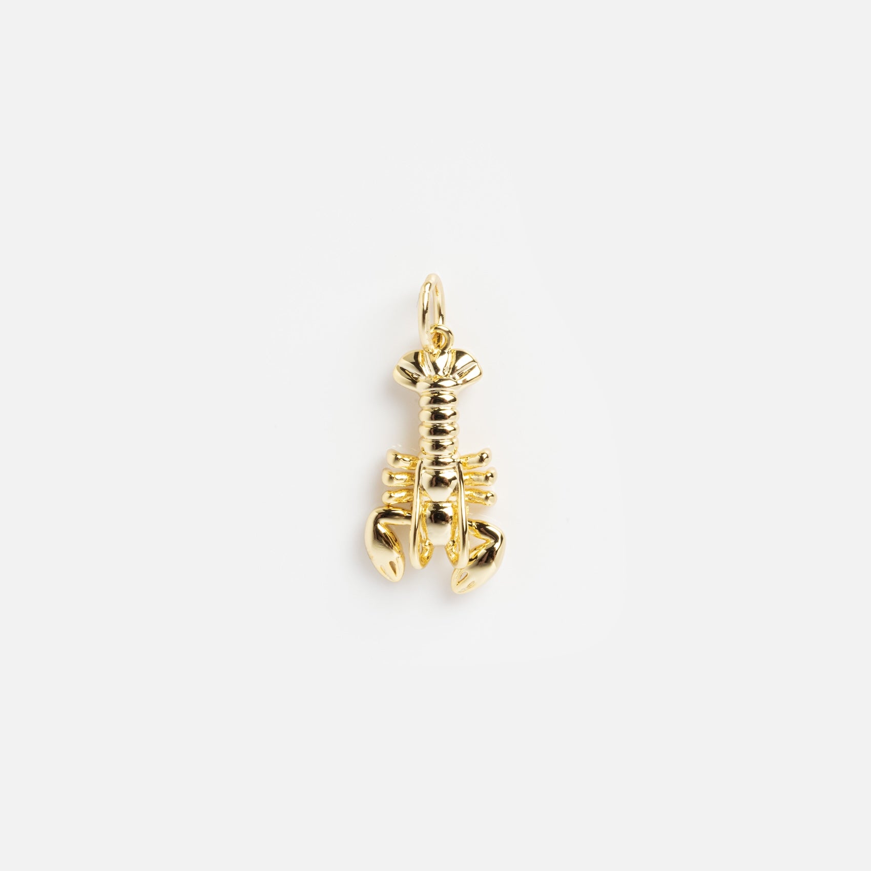 A small, shiny gold-plated lobster from Charms by Mod + Jo, photographed on a plain white background—a unique good luck charm with modern flair.
