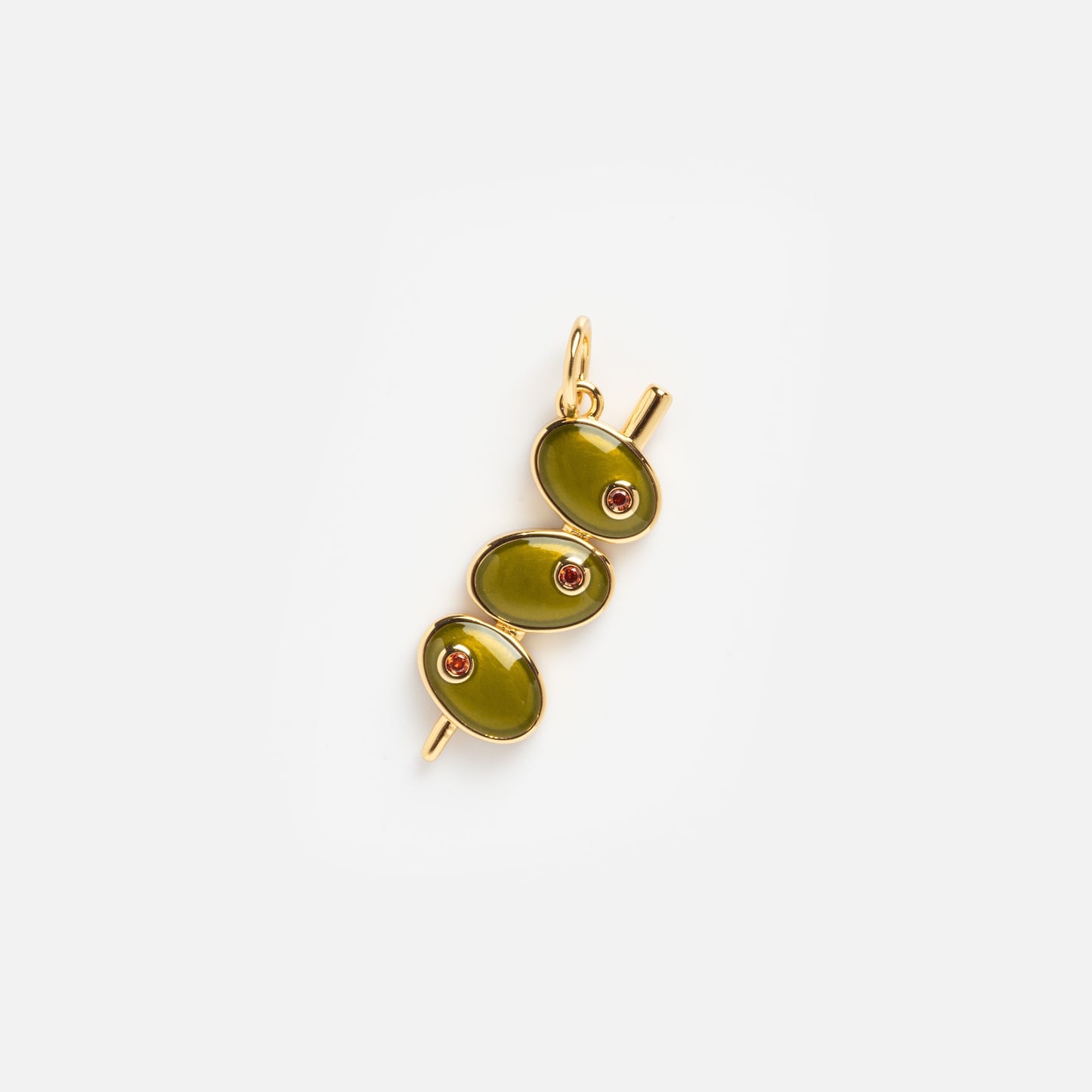 Charms by Mod + Jo: A gold-plated charm featuring three green olives on a skewer, each with a red center accent—a unique good luck accessory, shown on a white background.