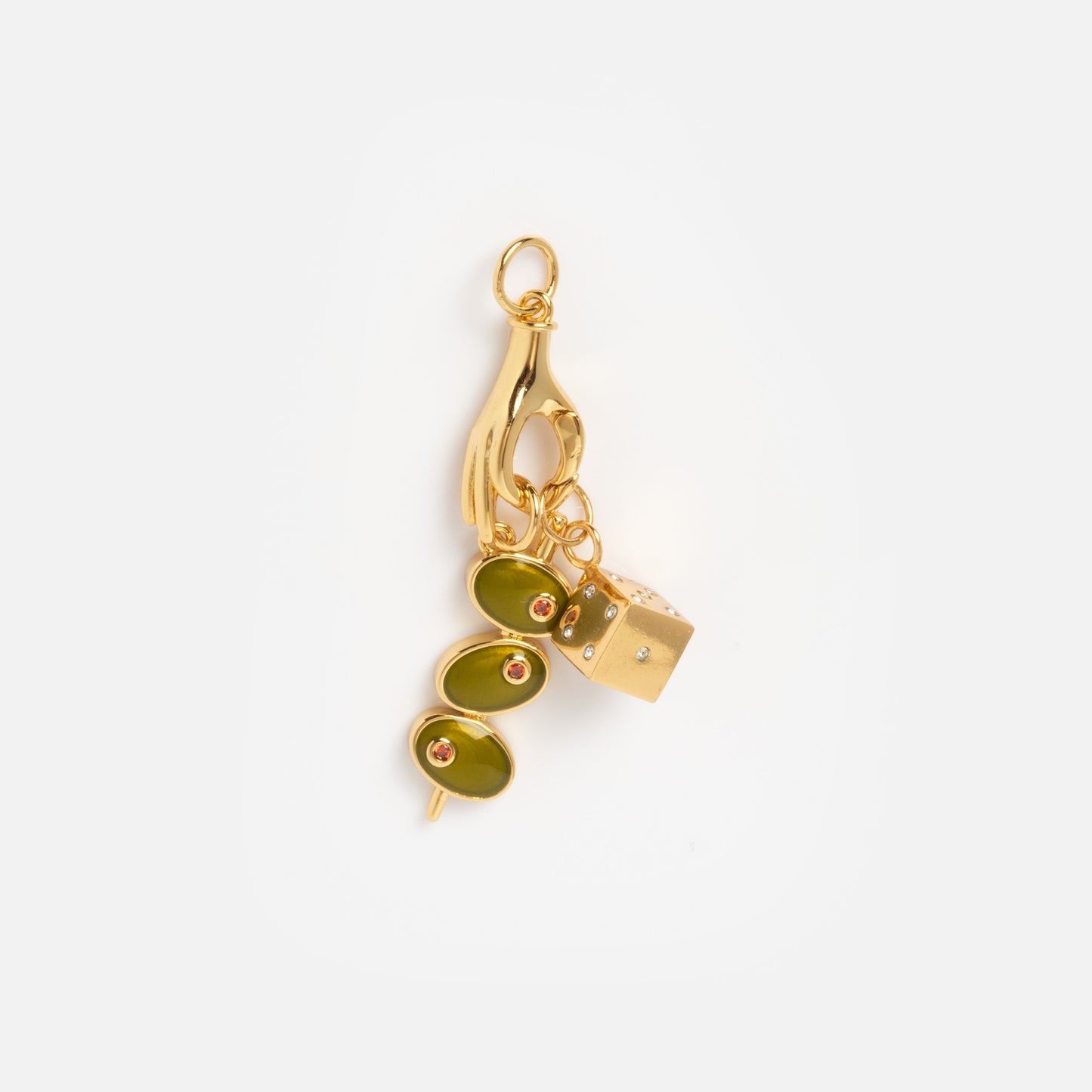 Charms by Mod + Jo features a gold keychain with a hand-shaped good luck charm holding a skewer of three green olives and a gold cube, accented with small red details, shown on a plain white background.