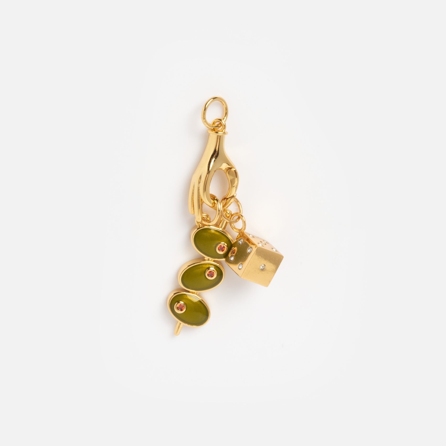Charms by Mod + Jo features a gold keychain with a hand-shaped good luck charm holding a skewer of three green olives and a gold cube, accented with small red details, shown on a plain white background.