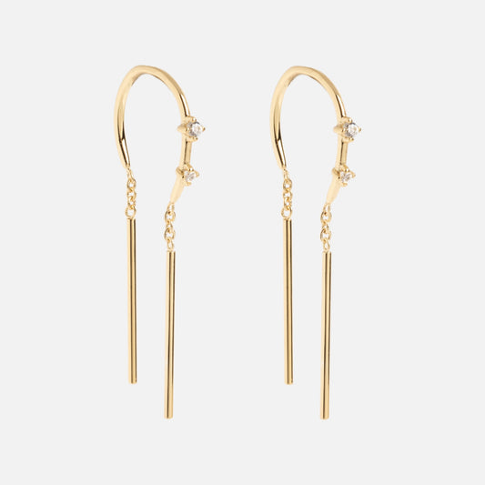 Mila Threader Earrings feature a curved hook design, two small clear gemstones on each earring, and dual slender hanging bars connected by short chains, all shown against a white background.