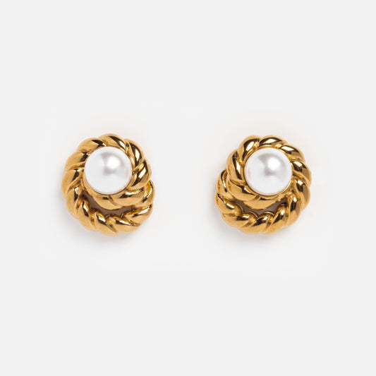 A pair of Bella Earrings, gold plated with a twisted rope design and round white pearl centers, shown on a plain white background.
