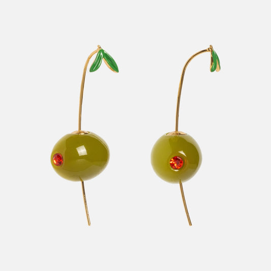 The Olive Drop Earrings are shaped like green olives with red pimentos, each accented by a curved gold stem and a small green leaf on top—trendy earrings inspired by Tai Jewelry.