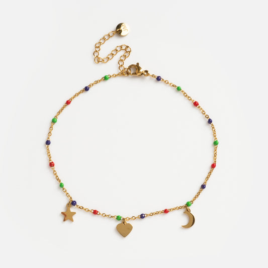 The Star Sun and Hearts Anklets features gold celestial charms—a star, sun, and heart—on a delicate anklet with colorful beads. It has an adjustable clasp with a small round tag for the perfect fit.