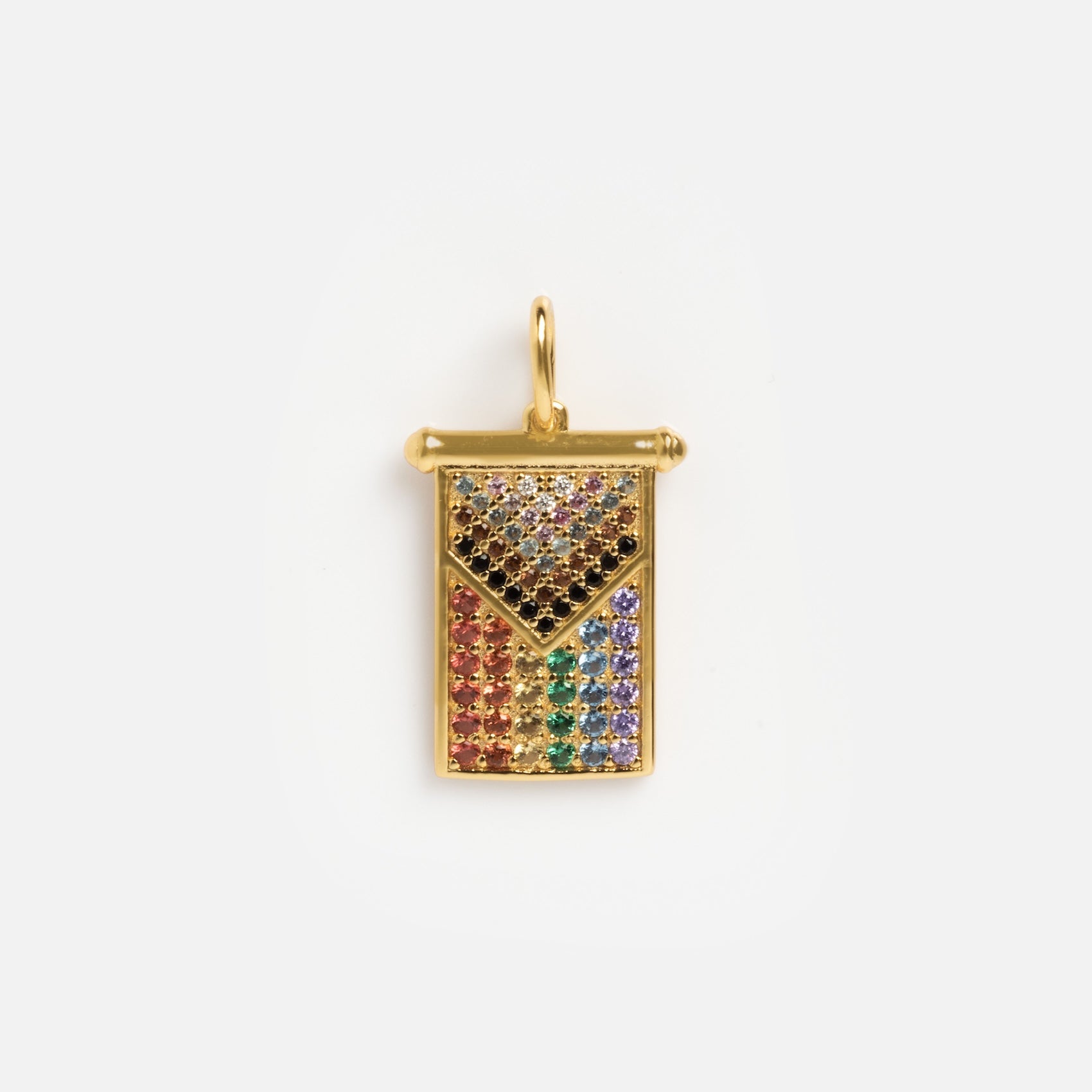 The Limited Edition PRIDE Month Charms feature a rectangular gold pendant with a geometric design, showcasing yellow, purple, blue, green, and red gemstones. A gold loop at the top allows attachment to your favorite chain.