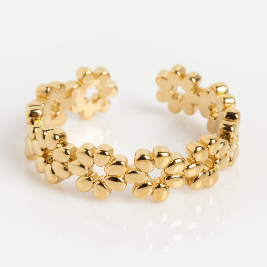 Meadow Toe Ring: A gold-toned, adjustable toe ring featuring connected shiny flower shapes in a continuous band—perfect as floral summer jewelry and accessory, shown on a white background.