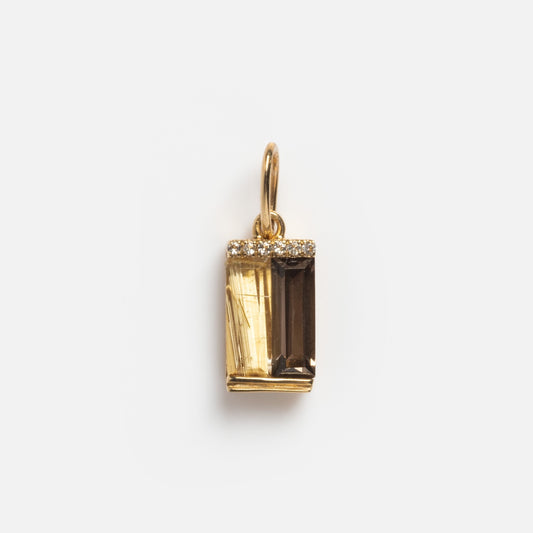 The Solid Gold Quartz Toi et Moi Charm Sample features a 9k yellow gold rectangular pendant with faceted smoky quartz, a row of small diamonds on the top edge, and a gold loop, shown against a plain white background.