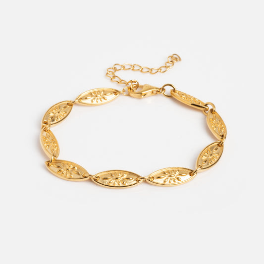 The Vermeil Bracelet Sample features oval-shaped, engraved links and a delicate adjustable chain clasp, shown against a plain white background.