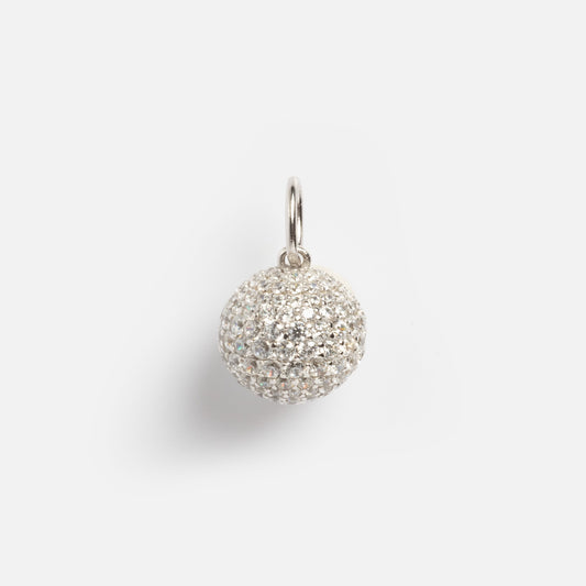 The Silver Disco Ball Charm Sample is a spherical pendant with sparkling crystals and a silver loop for attaching to a chain, shown on a plain white background.