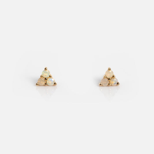 Solid Gold Opal Trio Flat Back Studs: small gold earrings with three tiny opals in a triangular arrangement, shown on a plain white background.