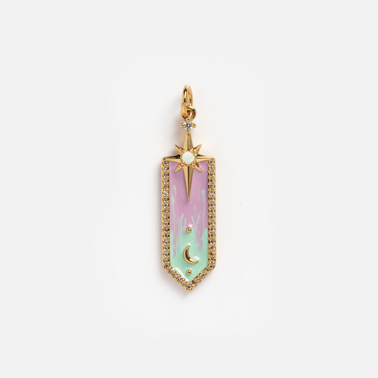 Charms by Elizabeth Stone: A rectangular pendant with pastel pink and green enamel, celestial accents, sparkling border, and a large gold star with a center gem. Finished in elegant 14k gold plating.