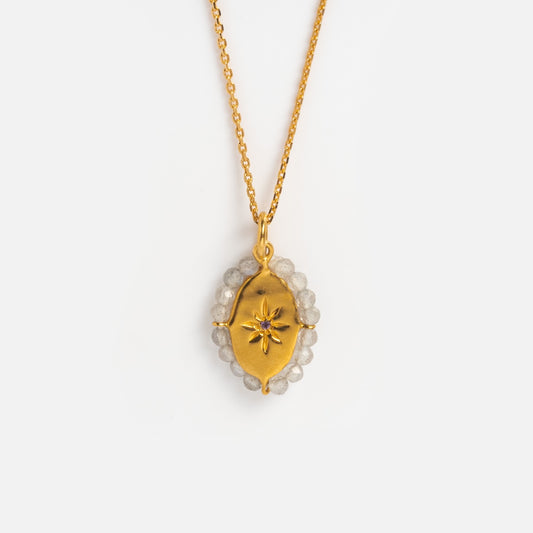 Close up of gold oval pendant