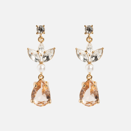 The Mini Rosalind Drop Earrings feature clear marquise and round gemstones, a small white pearl, and a large teardrop-shaped champagne gemstone on gold-plated settings, shown against a white background.