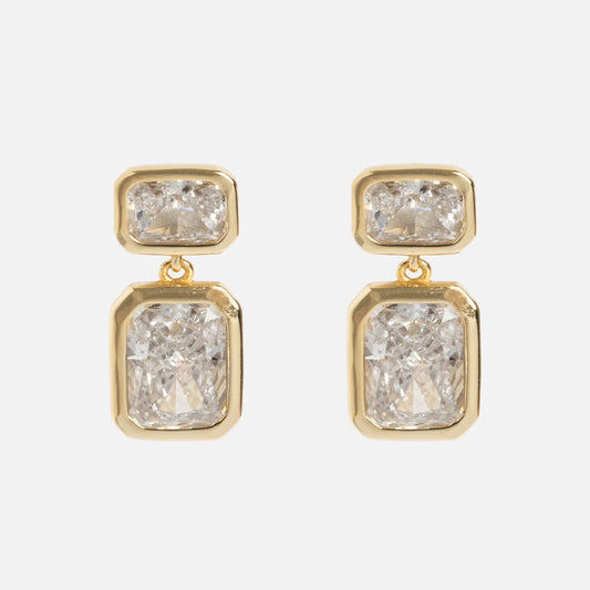 Emerald Baguette Drop Earrings shown on a plain white background, each featuring two clear rectangular gemstones set in 14k gold vermeil frames with the smaller stone above the larger one.