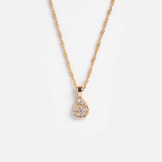The Muzi Pendant Necklace features a teardrop pendant with clear gemstones on a 14k gold plated twisted rope chain, shown against a plain white background.