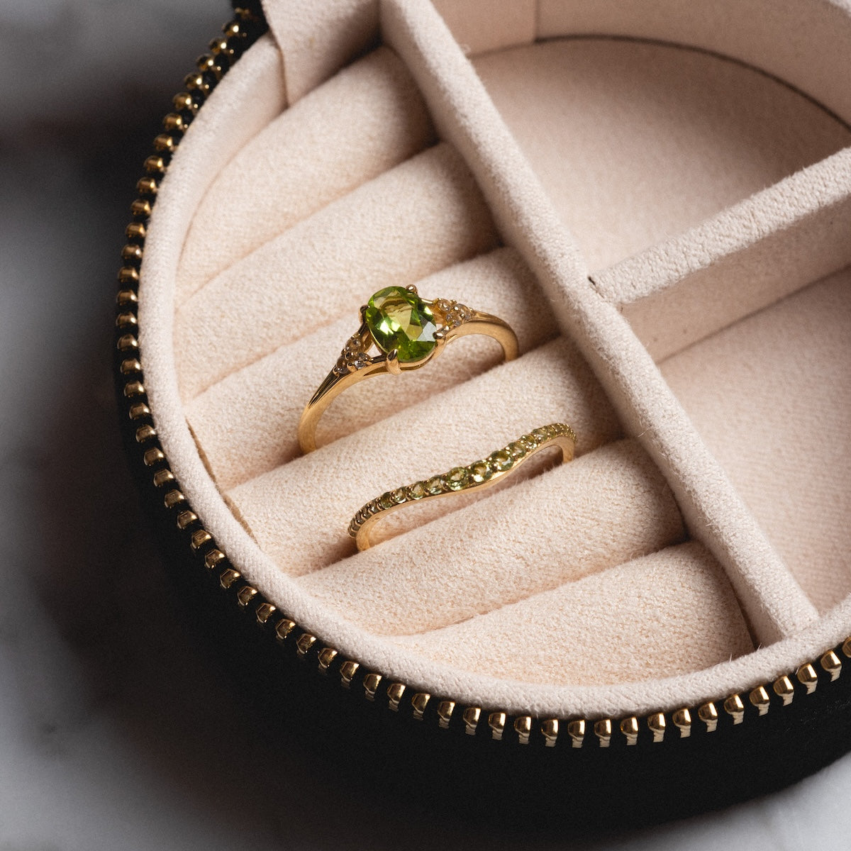 Peridot statement and stacking ring in ring box