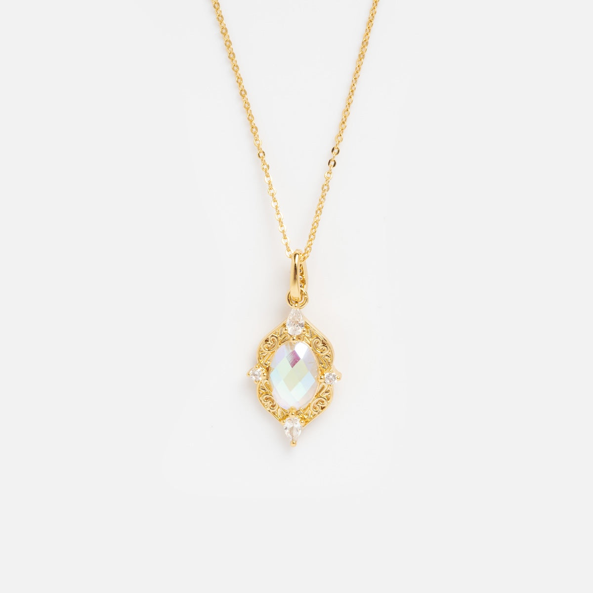 The Lady Luxe Angel Aura Quartz Pendant Necklace features a delicate 14k gold plated chain with a filigree oval pendant set with an iridescent gemstone and white accent stones, displayed on a plain white background.