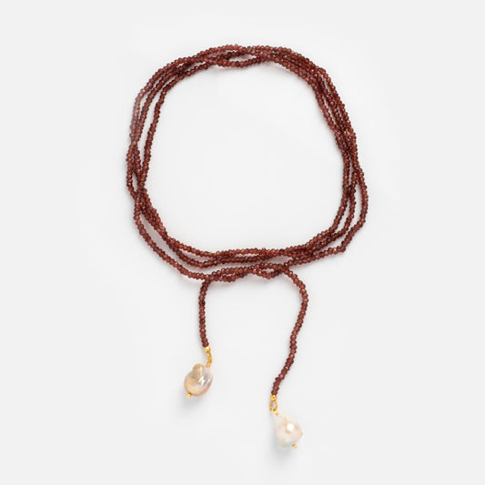 Long beaded garnet tie necklace with pearls