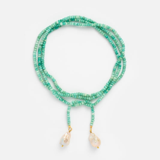 beaded amazonite tie necklace with pearls