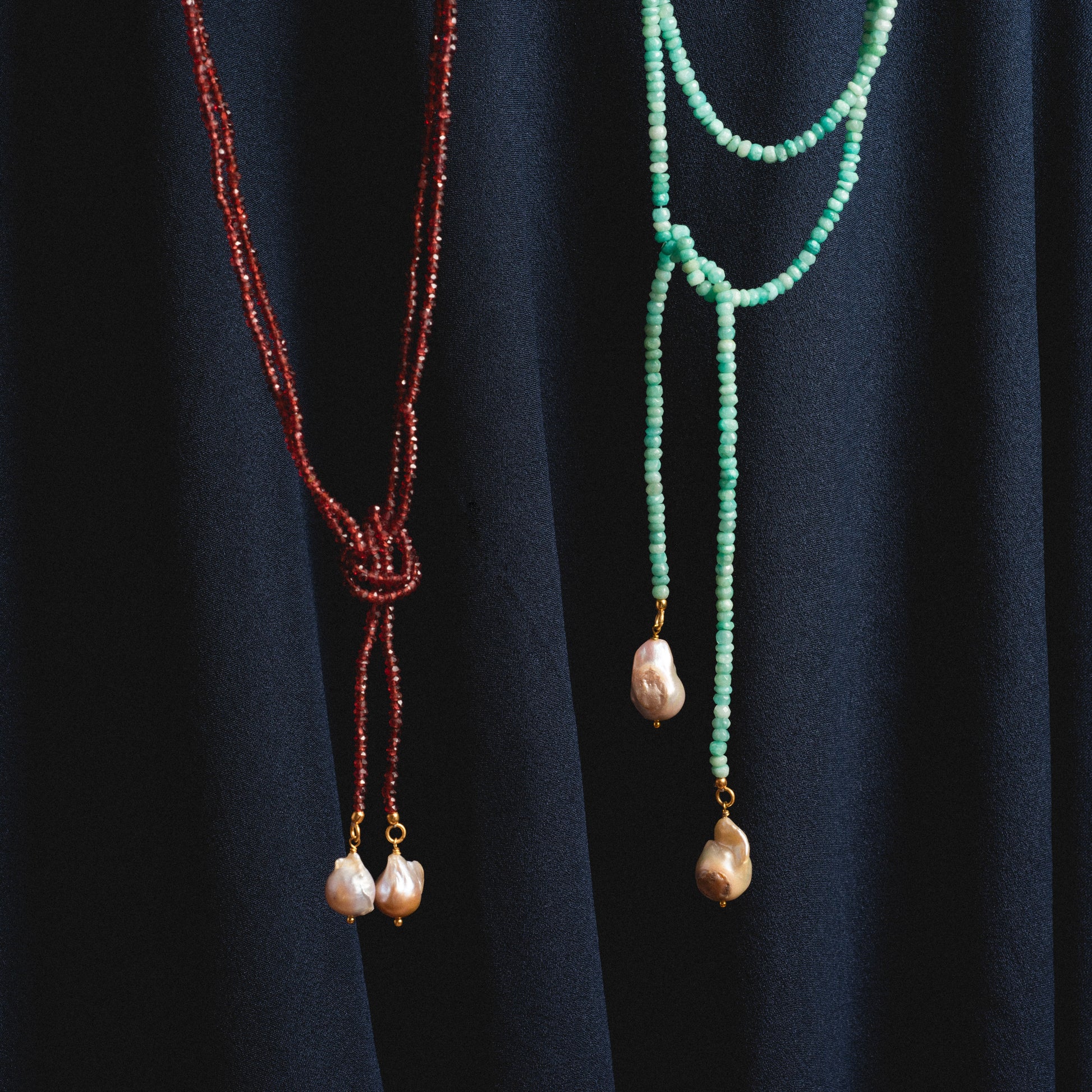 Beaded garnet and amazonite tie necklaces with pearls